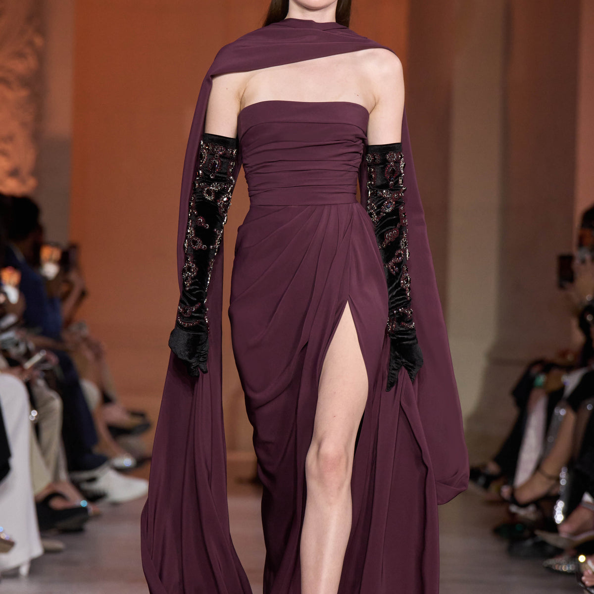 Glamorous Cabernet High-Slit Evening Dress with Scarf SF144