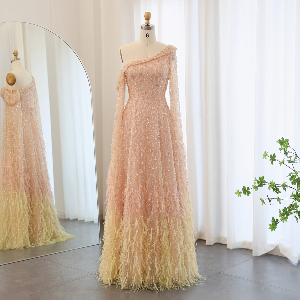 Luxury Feathers Rose Gold Evening Dress with Cape Sleeves SS438