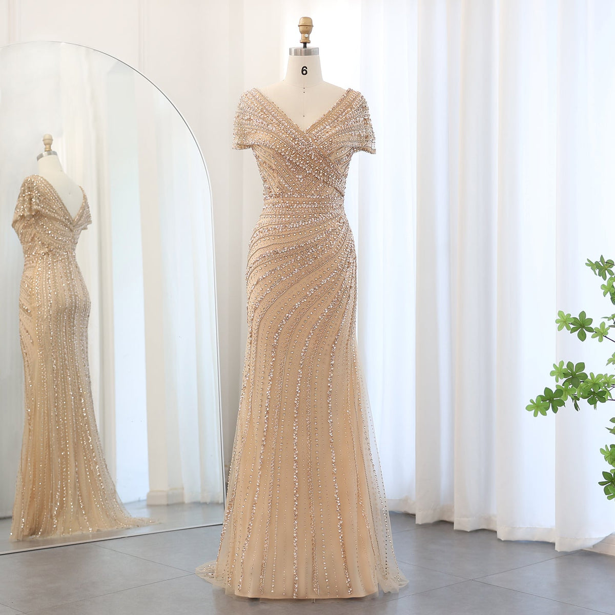 Luxury Silver Nude Mermaid Evening Dress with Cap Sleeves SS045
