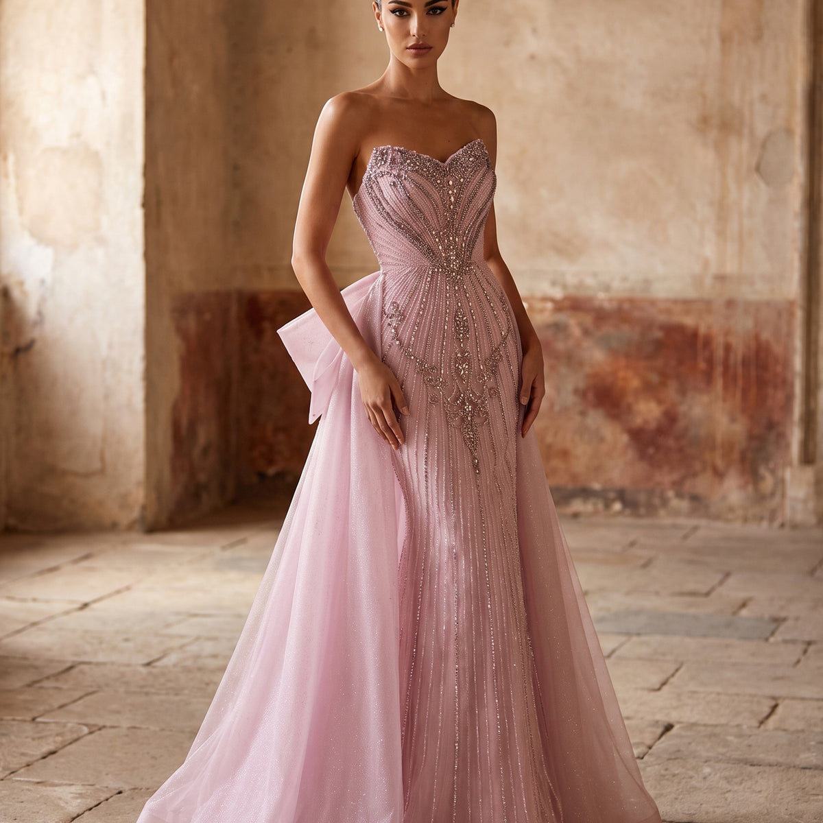 Strapless Beaded Evening Dress with Bow Overskirt