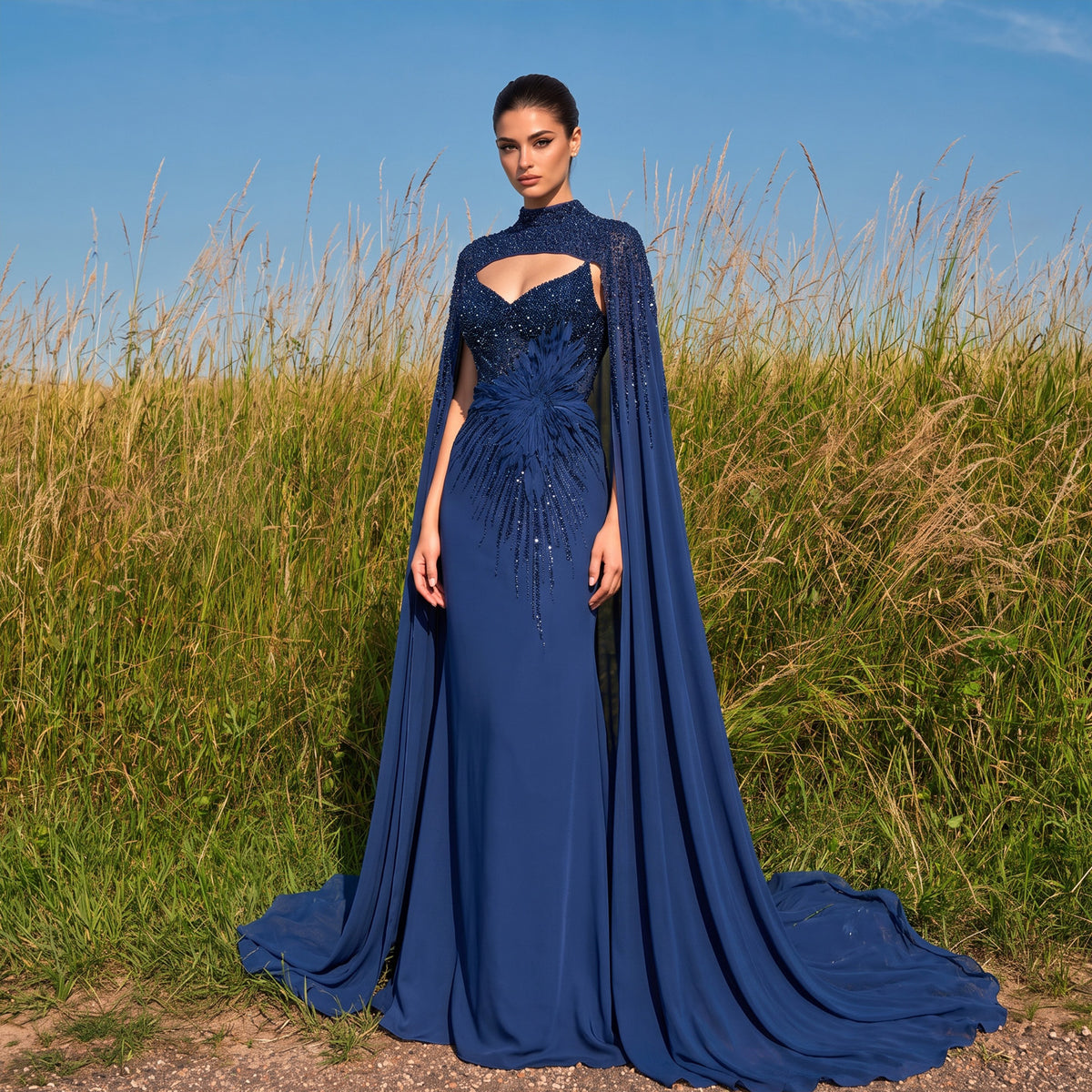 Navy Blue Beaded 3D Flowers Evening Dress with Cape SS074