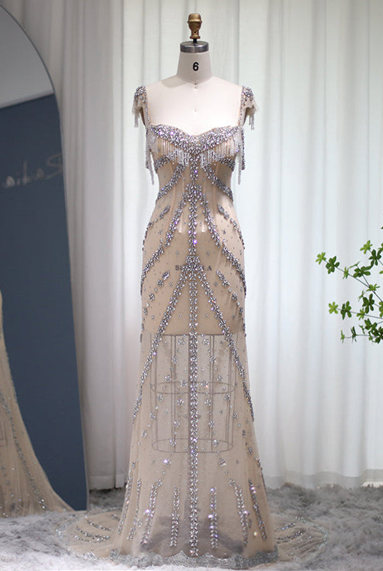 Dreamy Vow Kendall Jenner Nude Mermaid Luxury Dubai Evening Dresses 2023 Crystal Tassel Long Prom Graduation Party Gowns 358