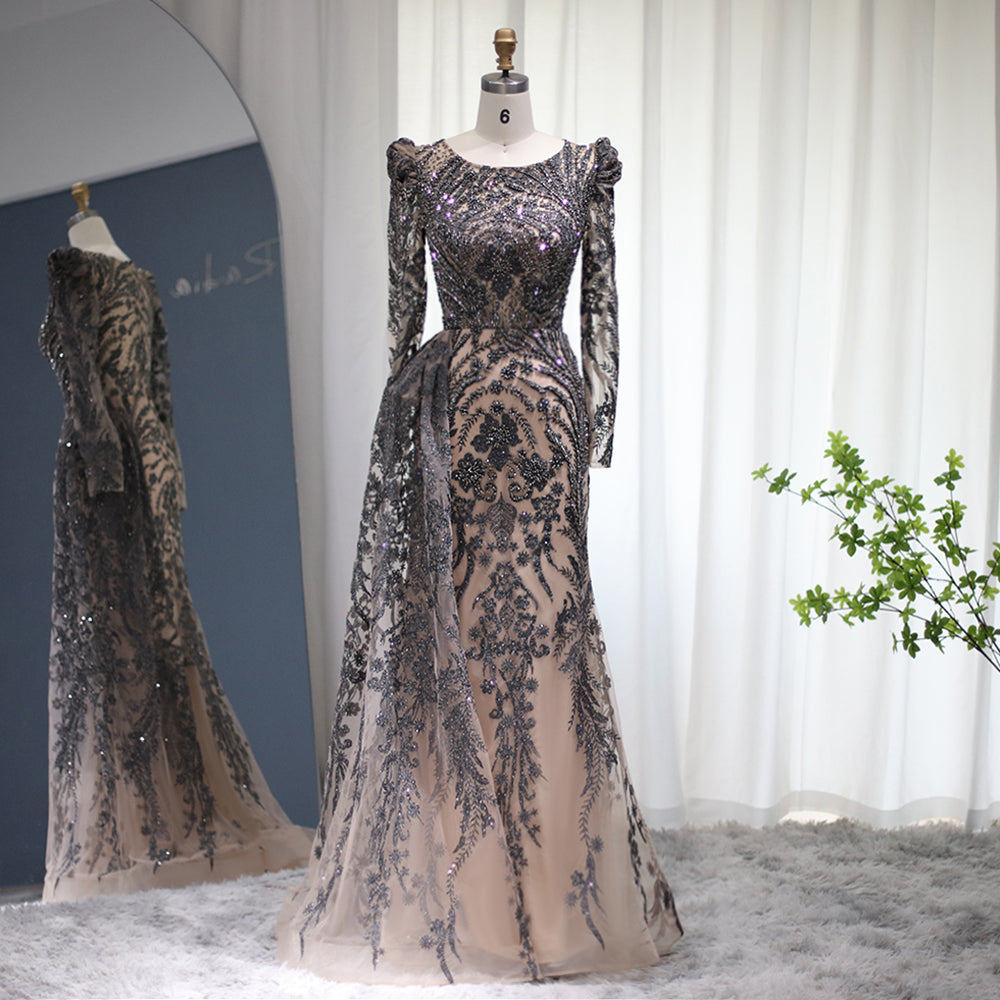 Luxury Burgundy Long Sleeves Evening Dress with Overskirt SS127