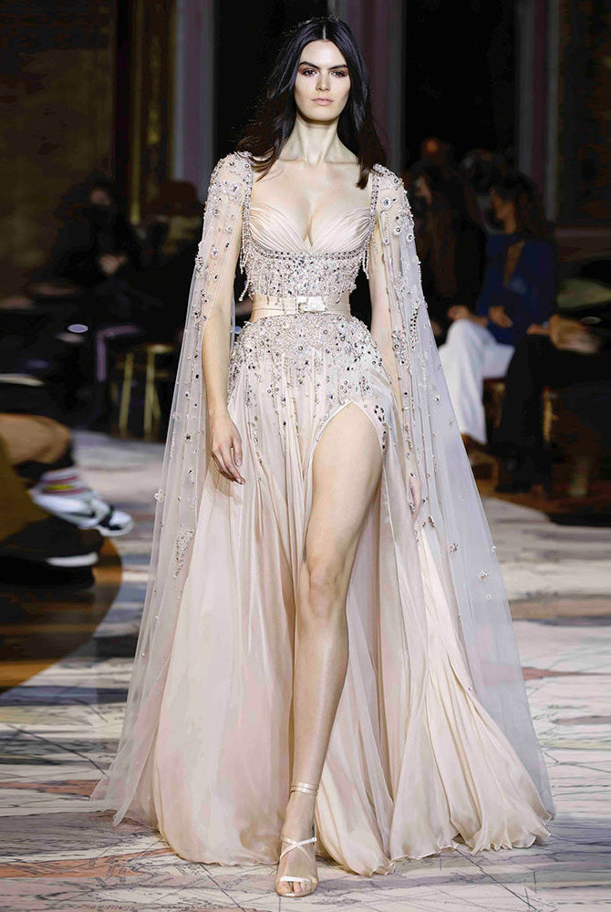 Dreamy Vow Arabic Champagne Dubai Evening Dresses Luxury 2023 Celebrity Beaded Tassel High Slit Women Wedding Party Dress 376