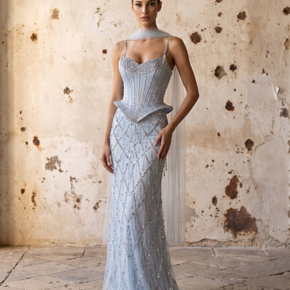Crystal Beaded Mermaid Evening Dress with Scarf