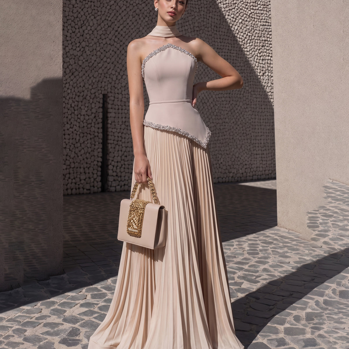 Crystal-Trim Pleated A-Line Evening Dress with Scarf SF243