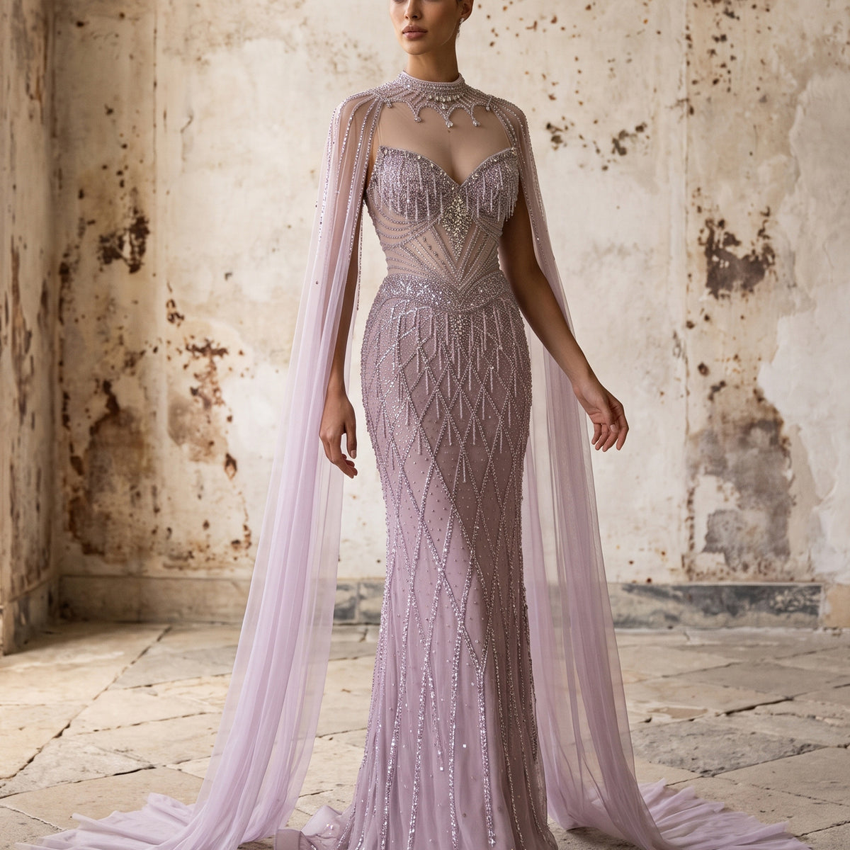 Beaded Mermaid Evening Dress with Cape Sleeves