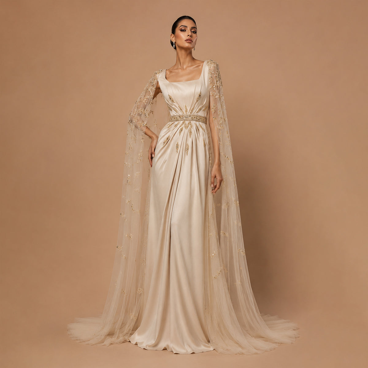 Elegant Champagne Square Neck Beaded Evening Dress with Cape Sleeve SS213