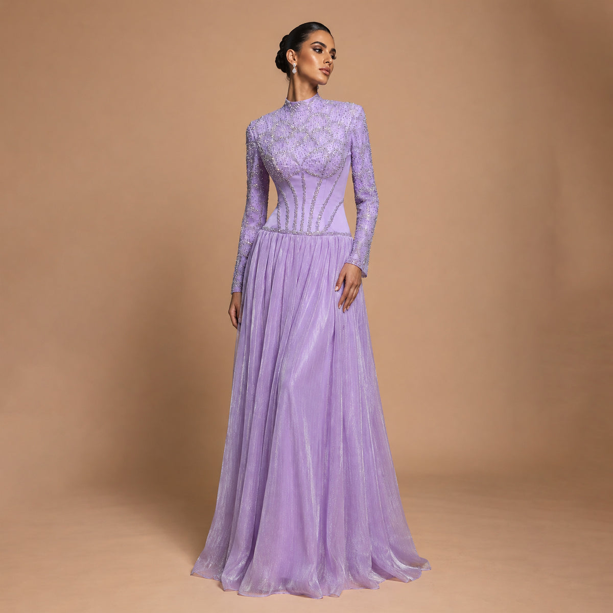 Luxury Lilac High Neck Beaded Long Sleeve Corset Evening Dress SS786