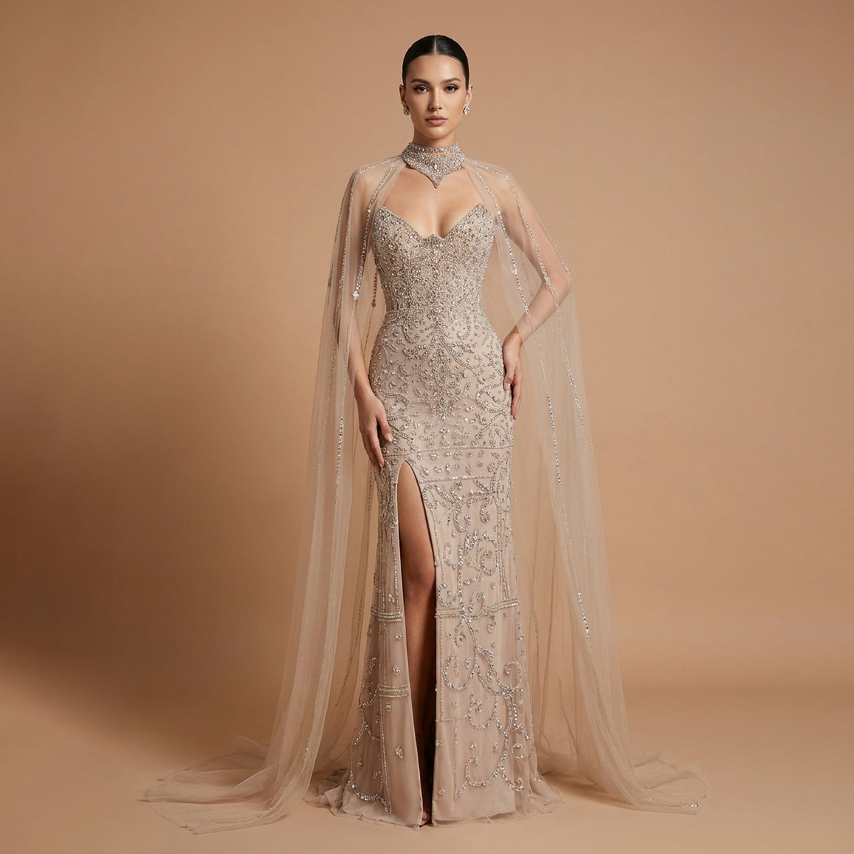 Luxury Champagne High Neck Beaded Mermaid Evening Dress with Cape and Slit SS135
