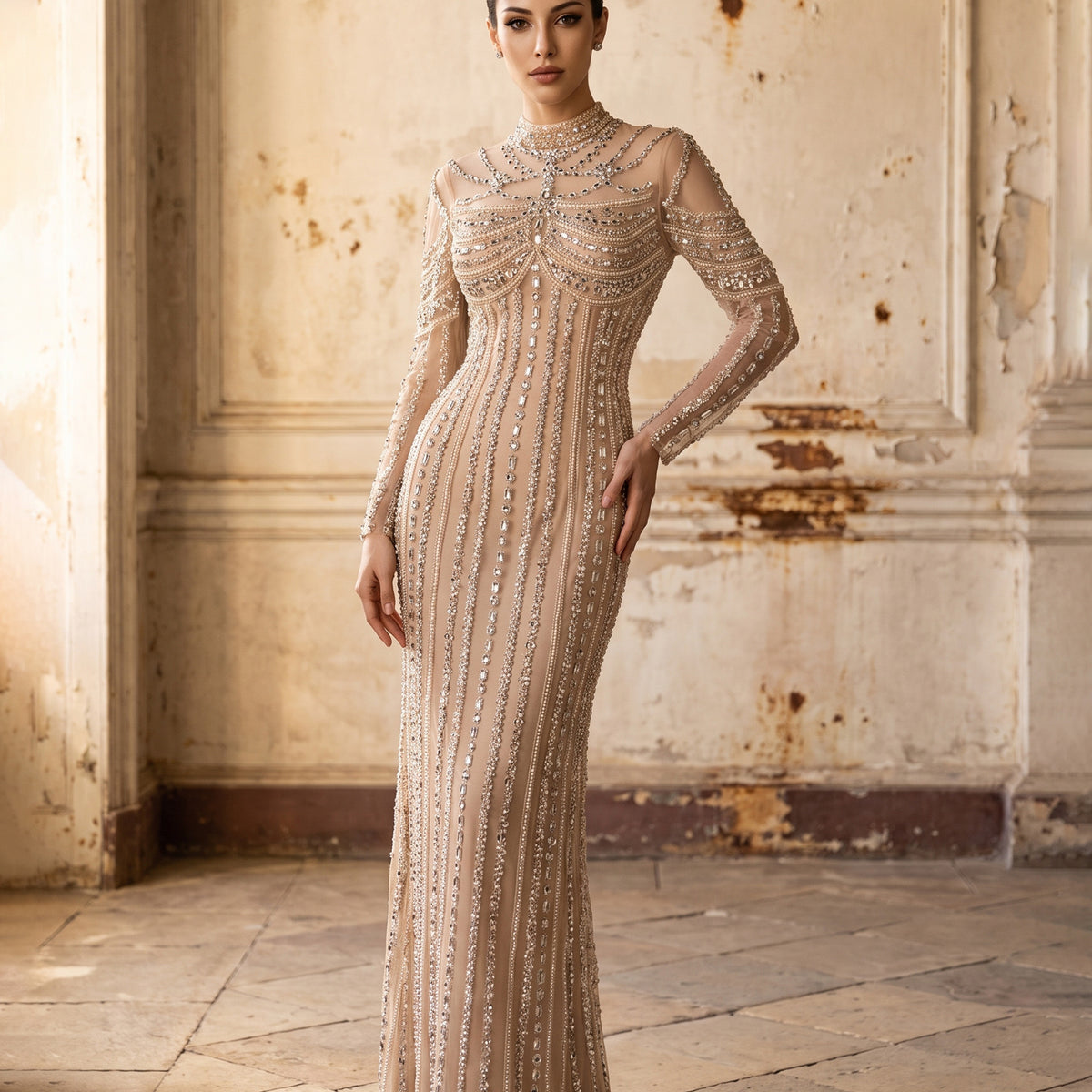 High-Neck Long Sleeve Beaded Sheath Evening Dress SS195
