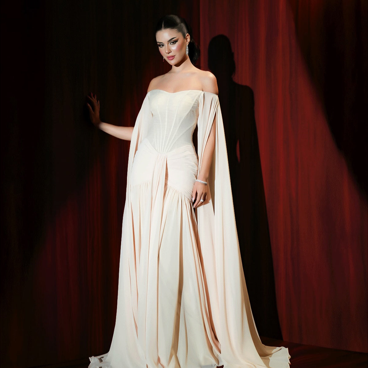 Luxury Beige Cape Sleeve Fitted Train Evening Dress with Overkirt SF005