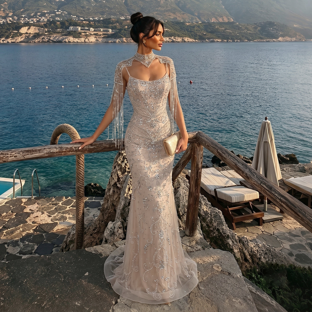 Glamorous Champagne Beaded Crystal Tassel Mermaid Evening Dress SS182