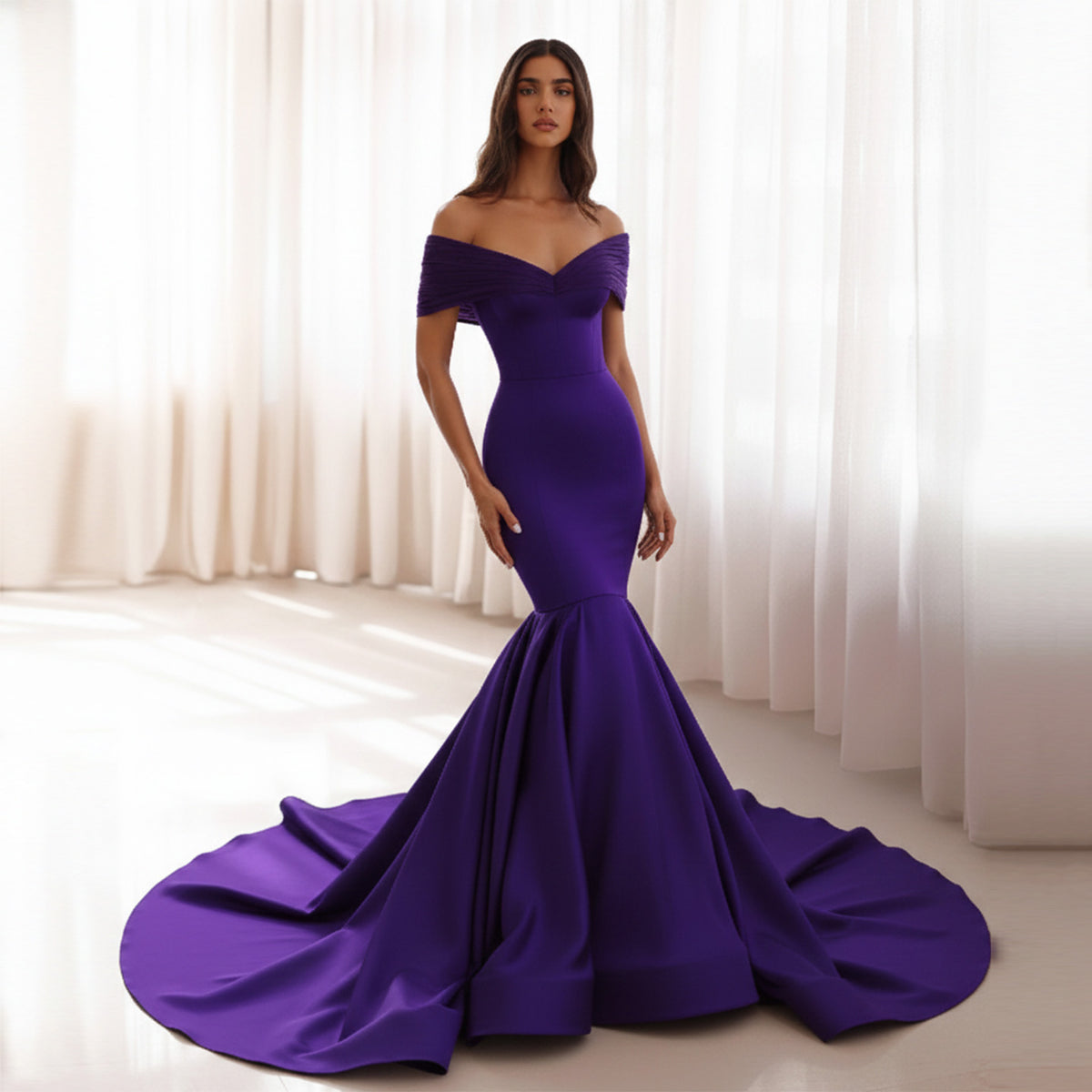 Luxury Purple Satin Mermaid Train Evening Dress SF476