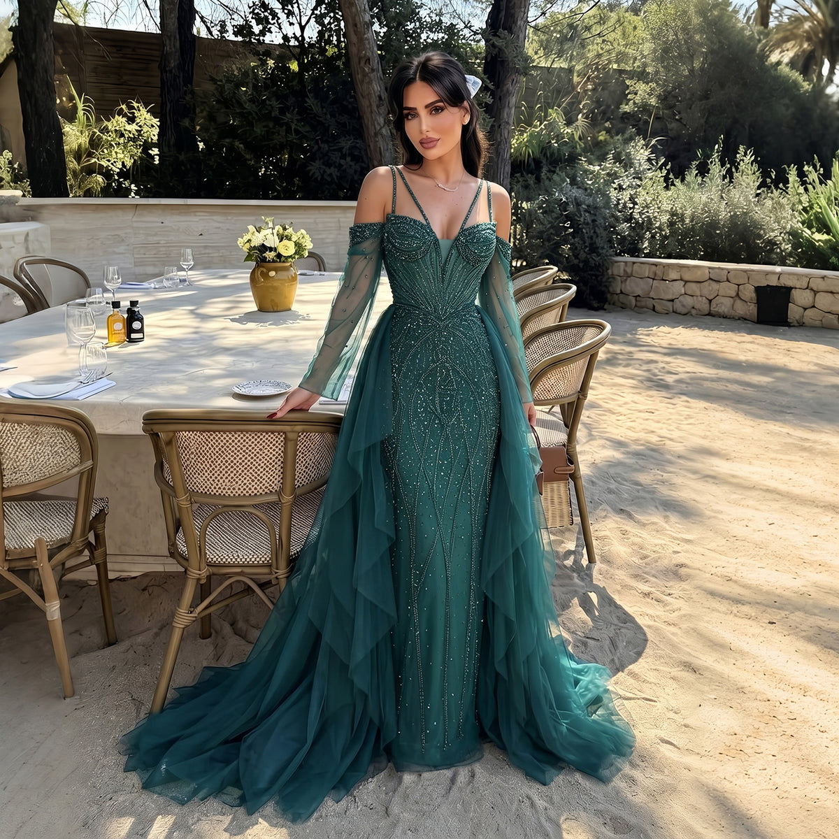 Romantic Teal Tiered Beaded Detachable Sleeves Evening Dress with Overskirt SS123