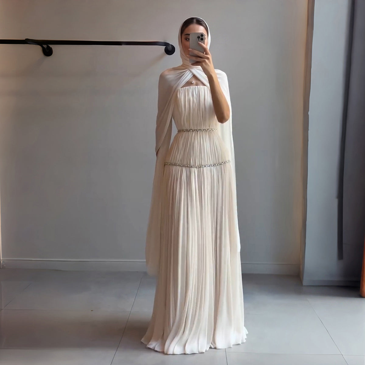 Beige Pleated A-Line Beaded Evening Dress with Scarf SF232