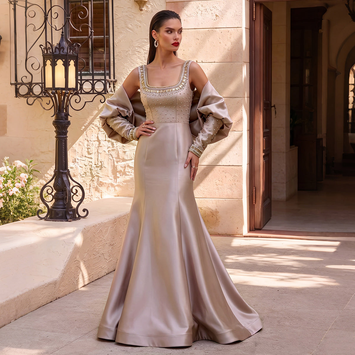 Dreamy Green Mermaid Beaded Evening Dress with Removable Sleeves SS574