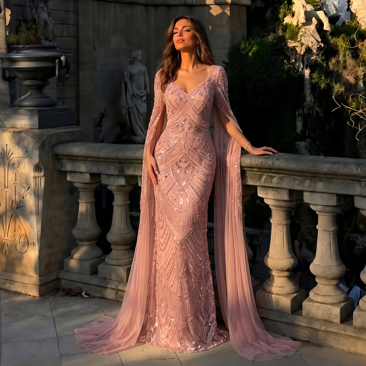 Peach Mermaid Beaded Evening Dress with Cape Sleeve SS015