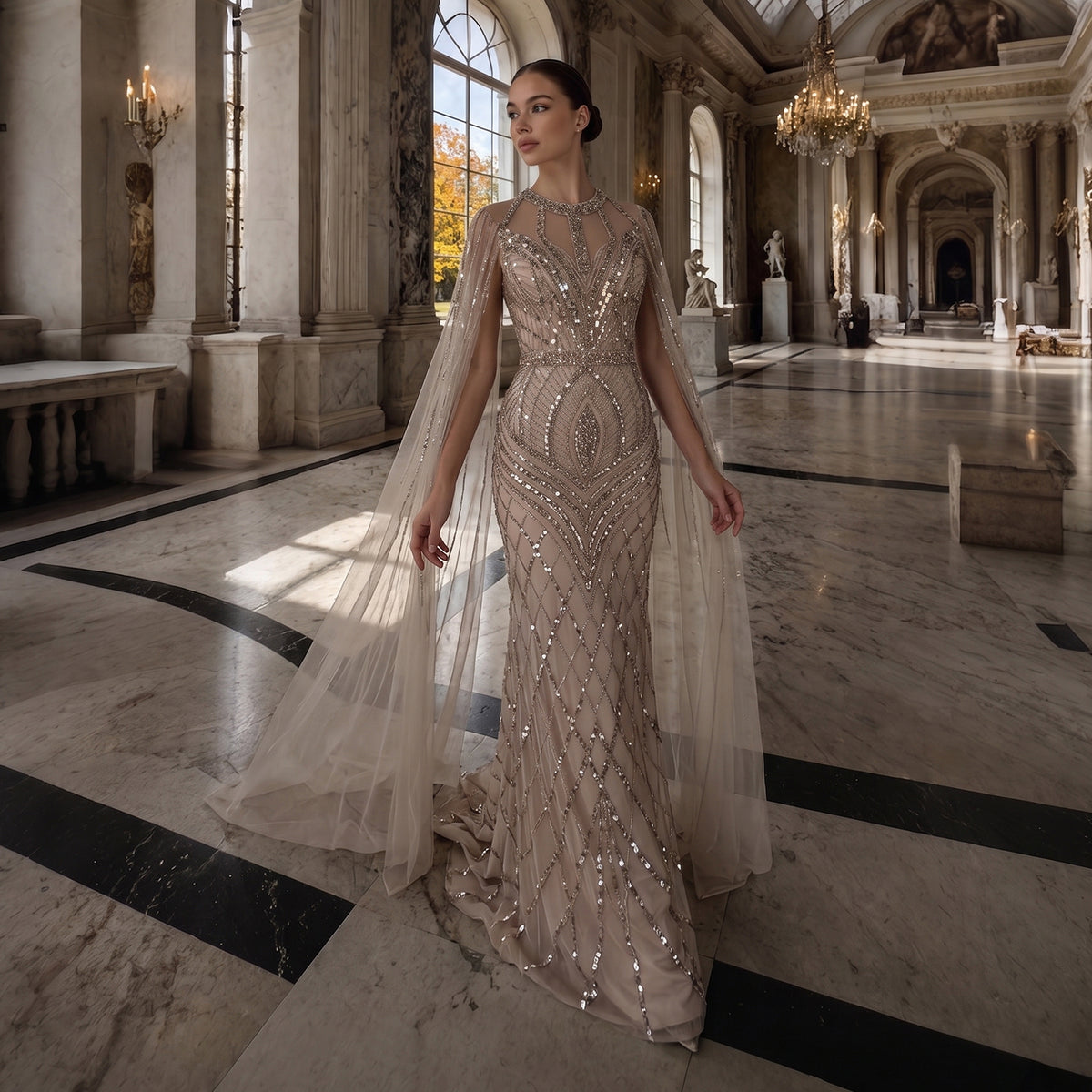 Dreamy Pink Cape Sleeve Beaded Mermaid Evening Dress SS126
