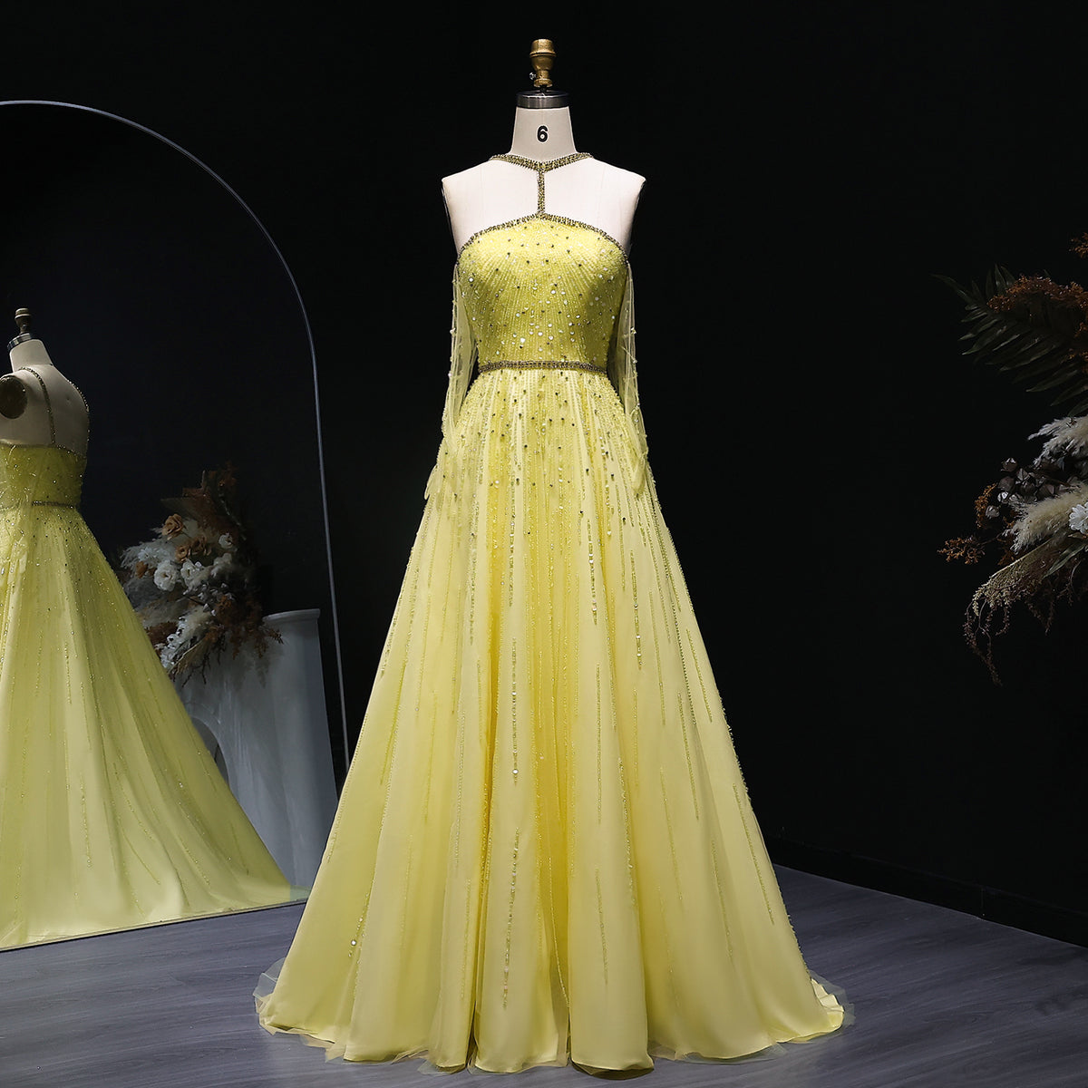 Sparkly Beaded Yellow Halter Neck Evening Dress with Gloves SS313