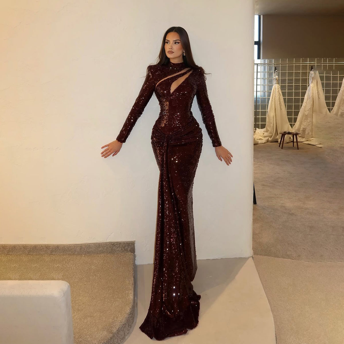 Sexy Red Long Sleeves Sequin Mermaid Evening Dress SF352