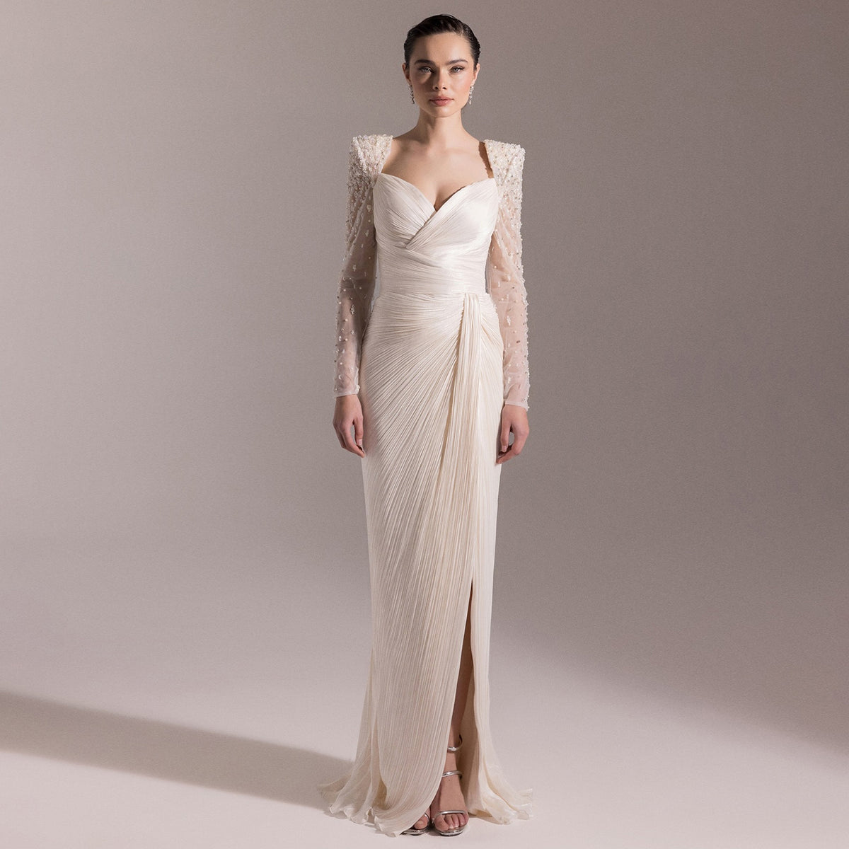 Luxury Crystal Long Sleeves Evening Dress with Overskirt and Slit SF409