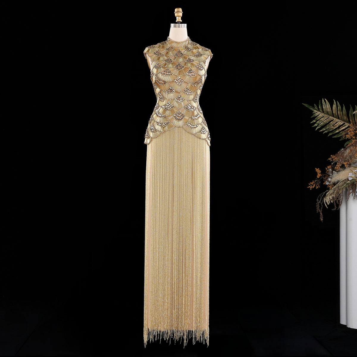 Gold Crystal Beaded High Neck Fringe Evening Dress