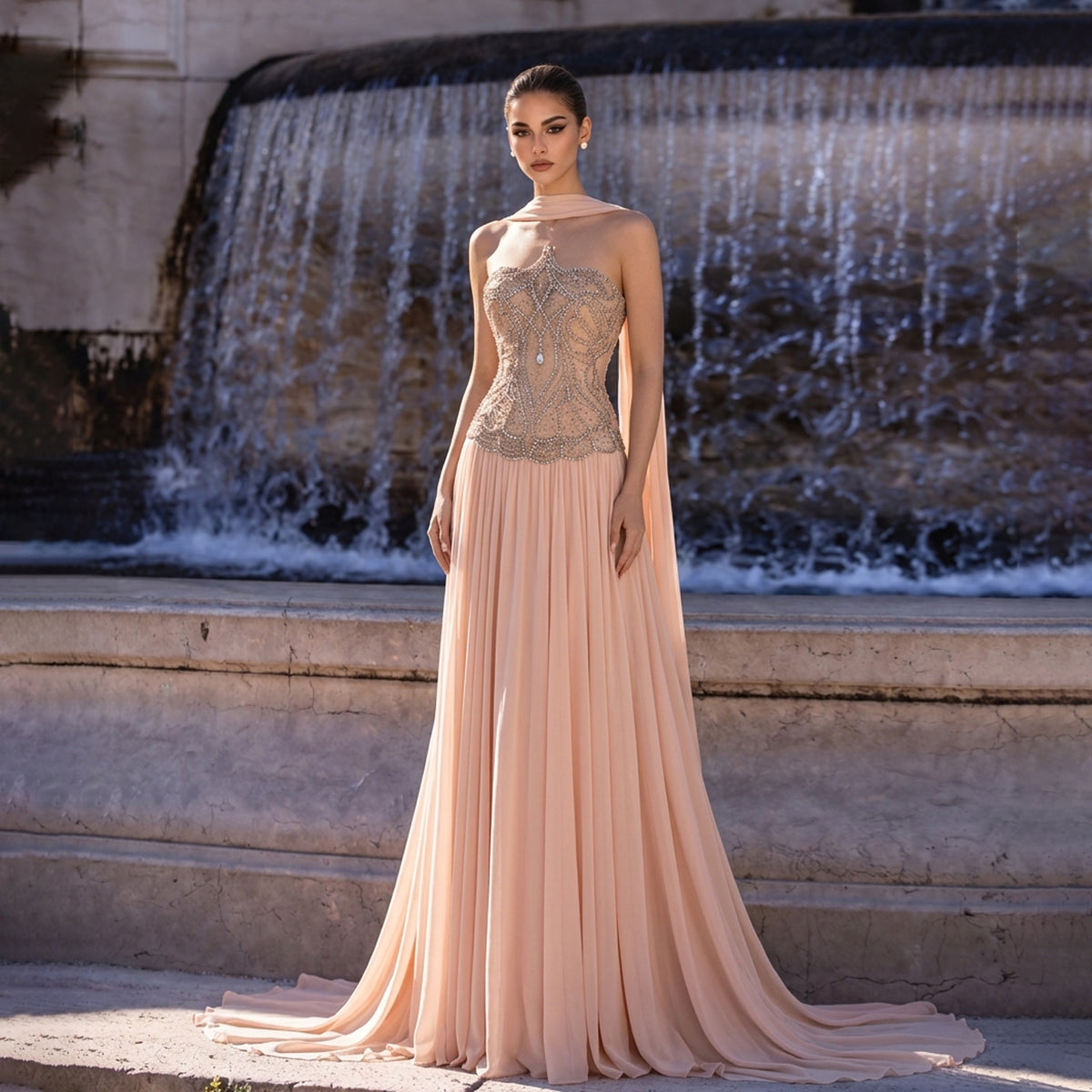 Blush Pink A-Line Beaded Evening Dress with Scarf SS203