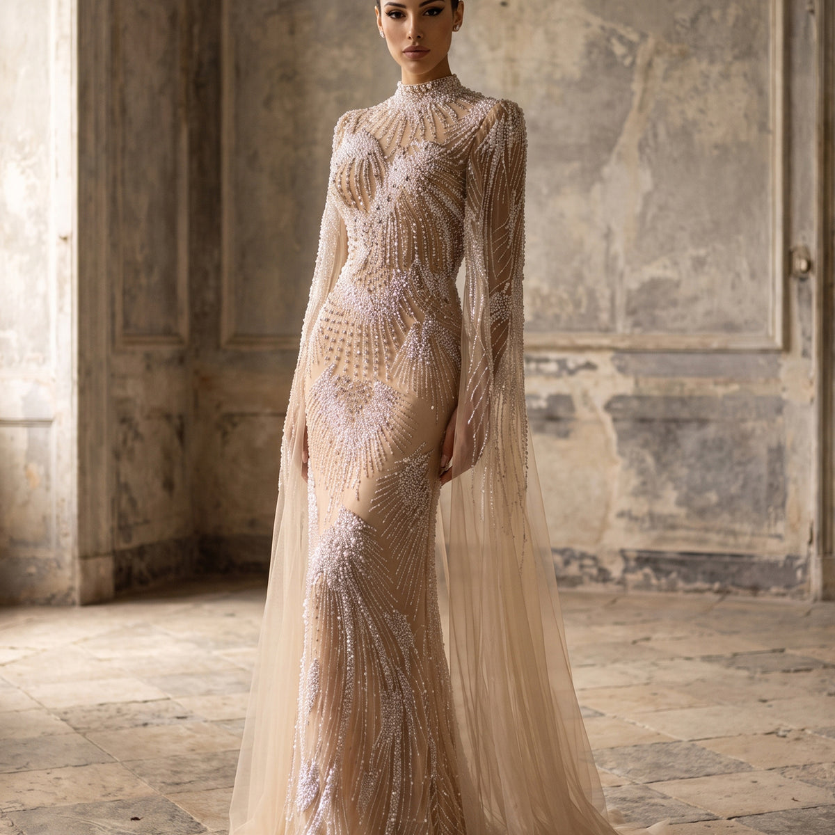 High-Neck Pearl Beaded Mermaid Evening Dress with Cape Sleeves