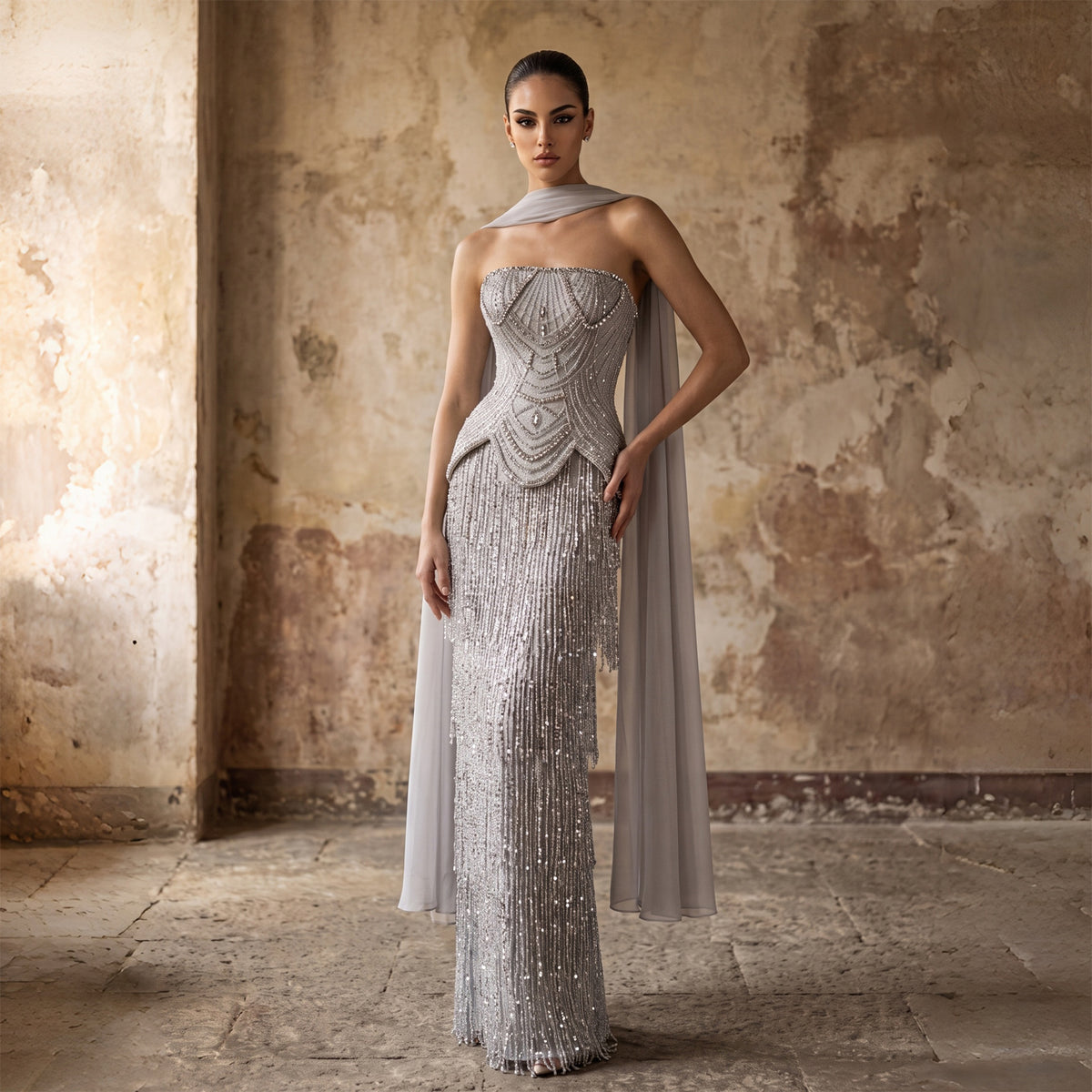 Luxury Grey Strapless Beaded Geometric Evening Dress with Scarf SS255