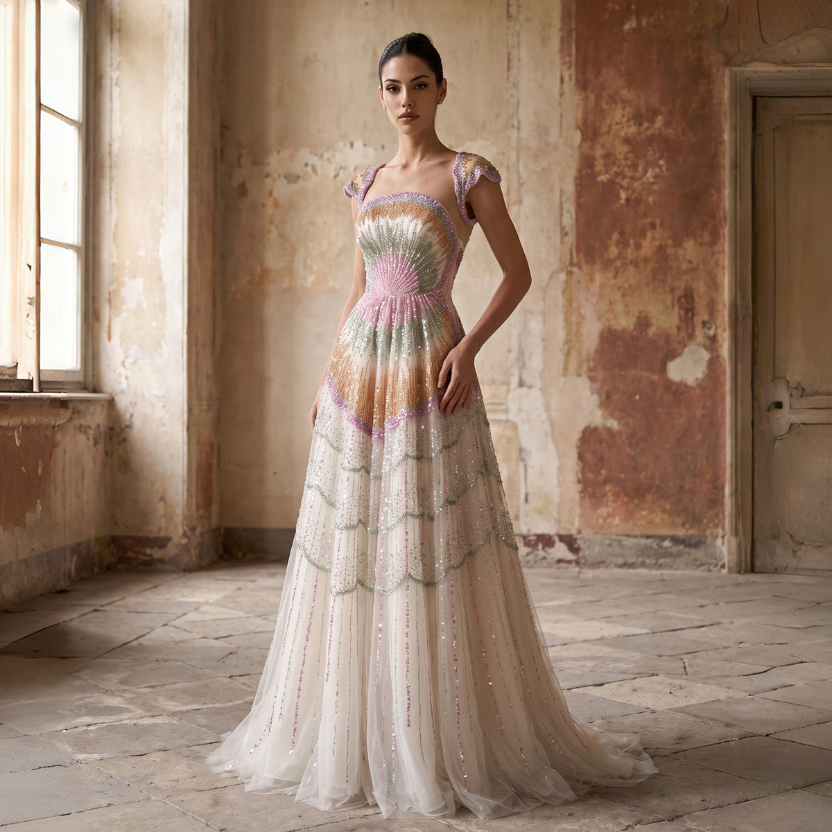 Ombre Beaded Cape Sleeve Two Piece Evening Dress SS296