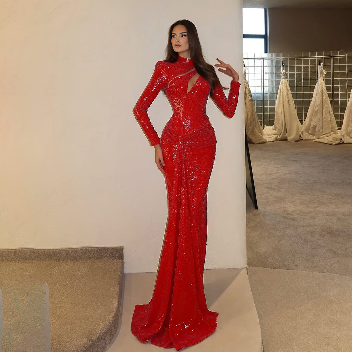 Sexy Red Long Sleeves Sequin Mermaid Evening Dress SF352