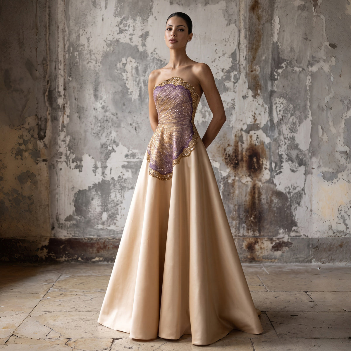 Gold Strapless Beaded Satin Evening Dress with Gloves SS377