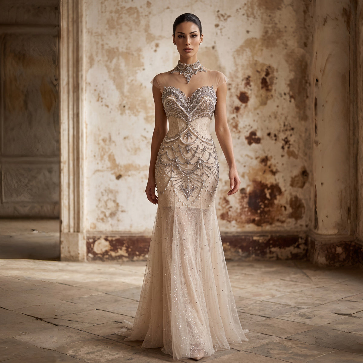 Champagne Cape Sleeve Beaded Mermaid Evening Dress SS380