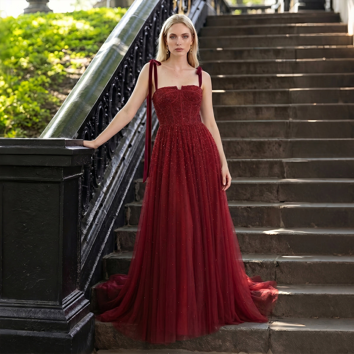 Luxury Beaded Wine Red Evening Dresses with Straps SS263