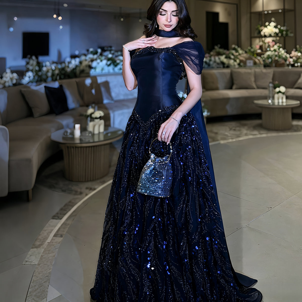 Luxury Wine Red Beaded Sequin Off-Shoulder Evening Dress with Scarf SS652