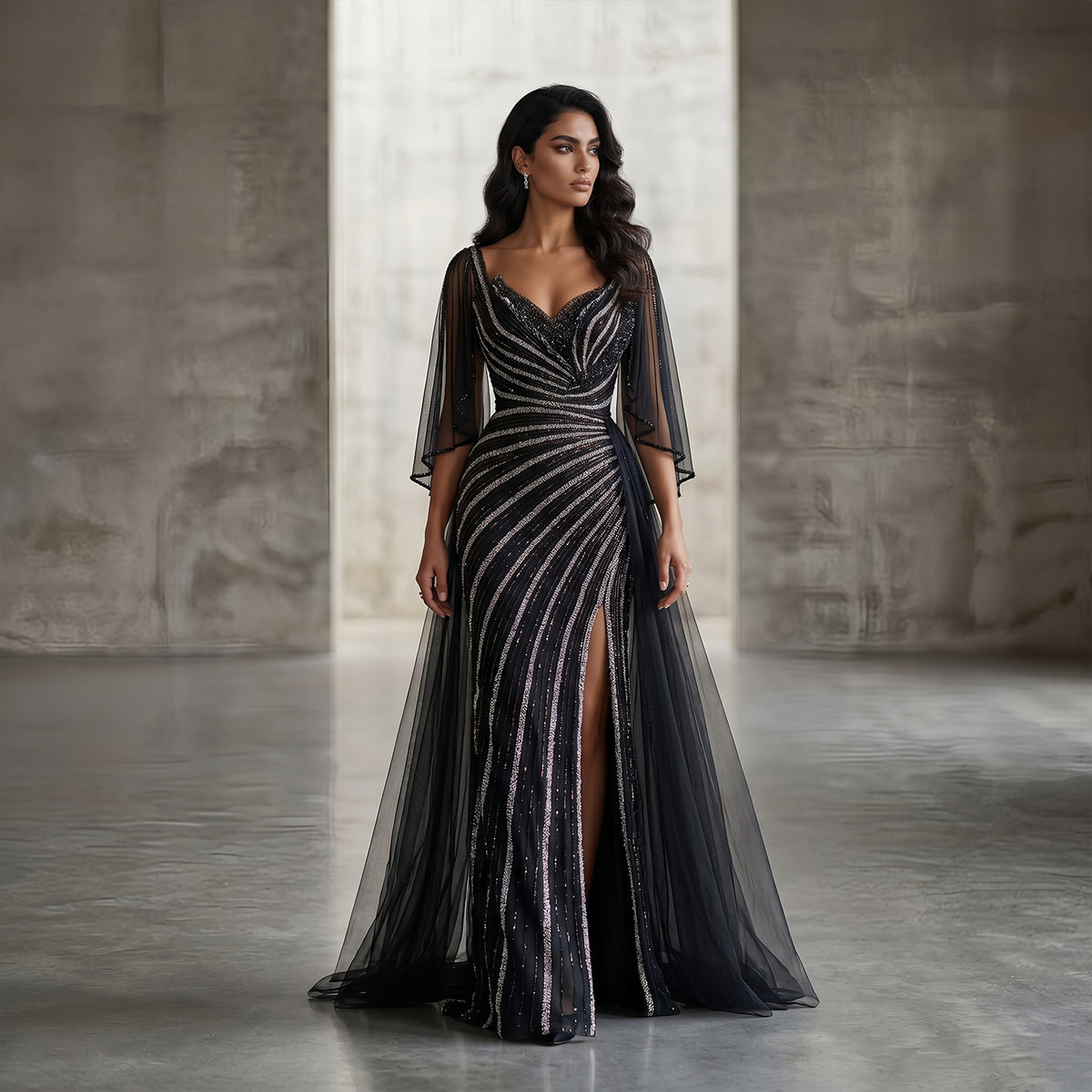 Luxury Champagne V-Neck Beaded Evening Dress with Cape Sleeves SS063