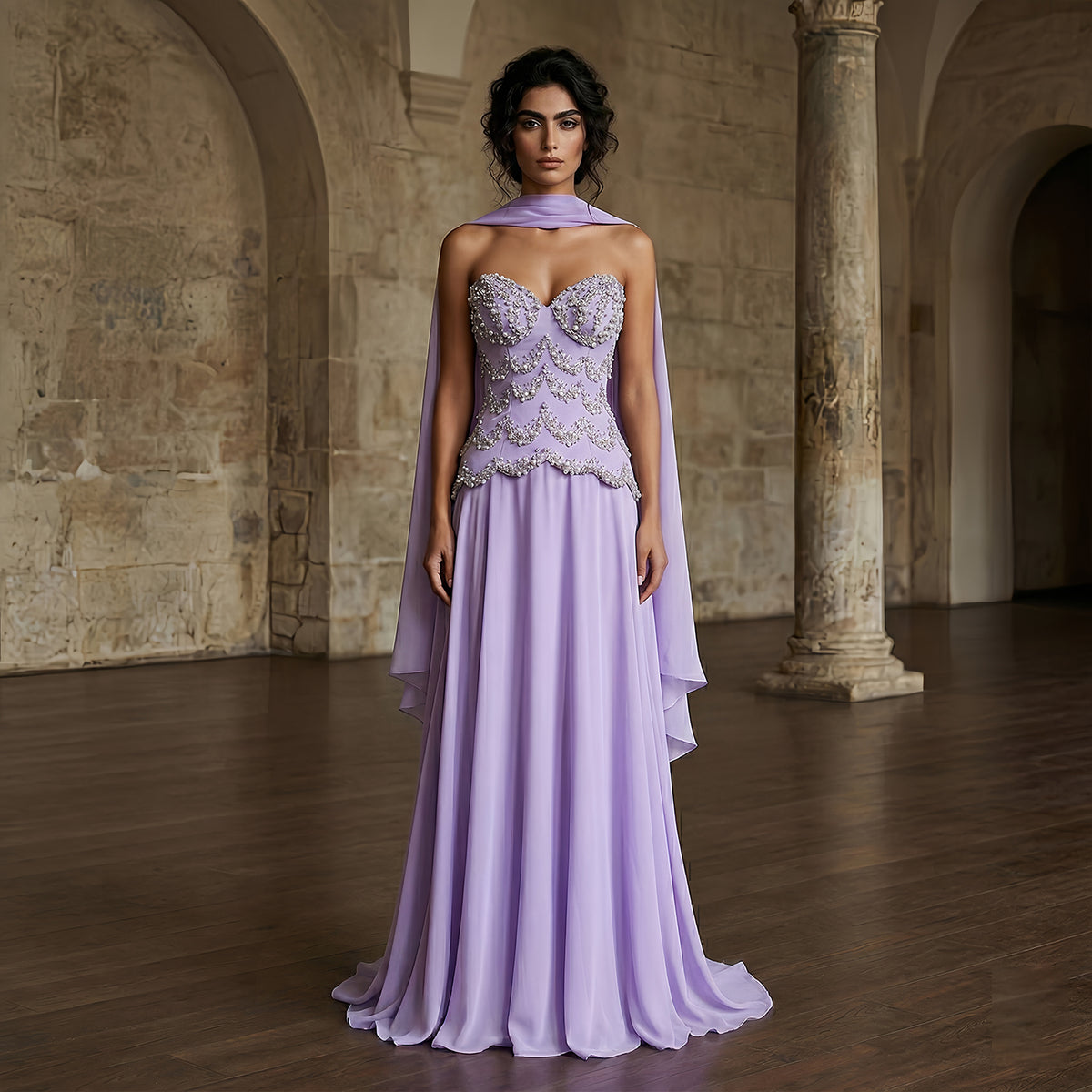 Elegant Purple Beaded Pearl Sweetheart Evening Dress with Scarf SS753
