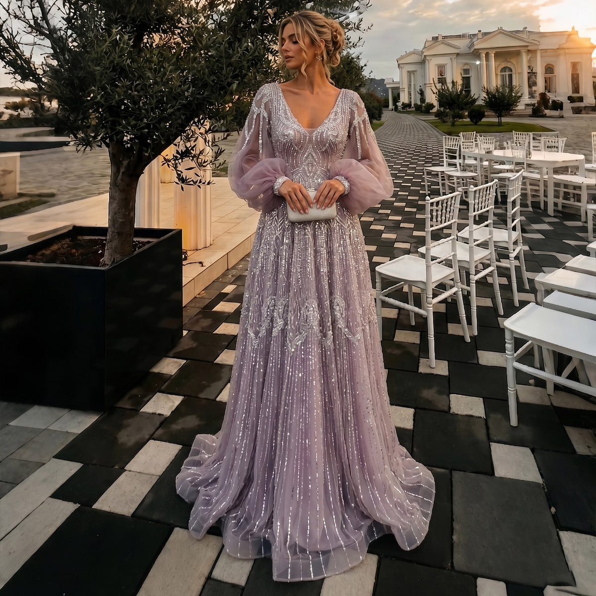 Elegant Pink Vertical Sequin Embroidered Sheer Mesh Floor Evening Dress SS057