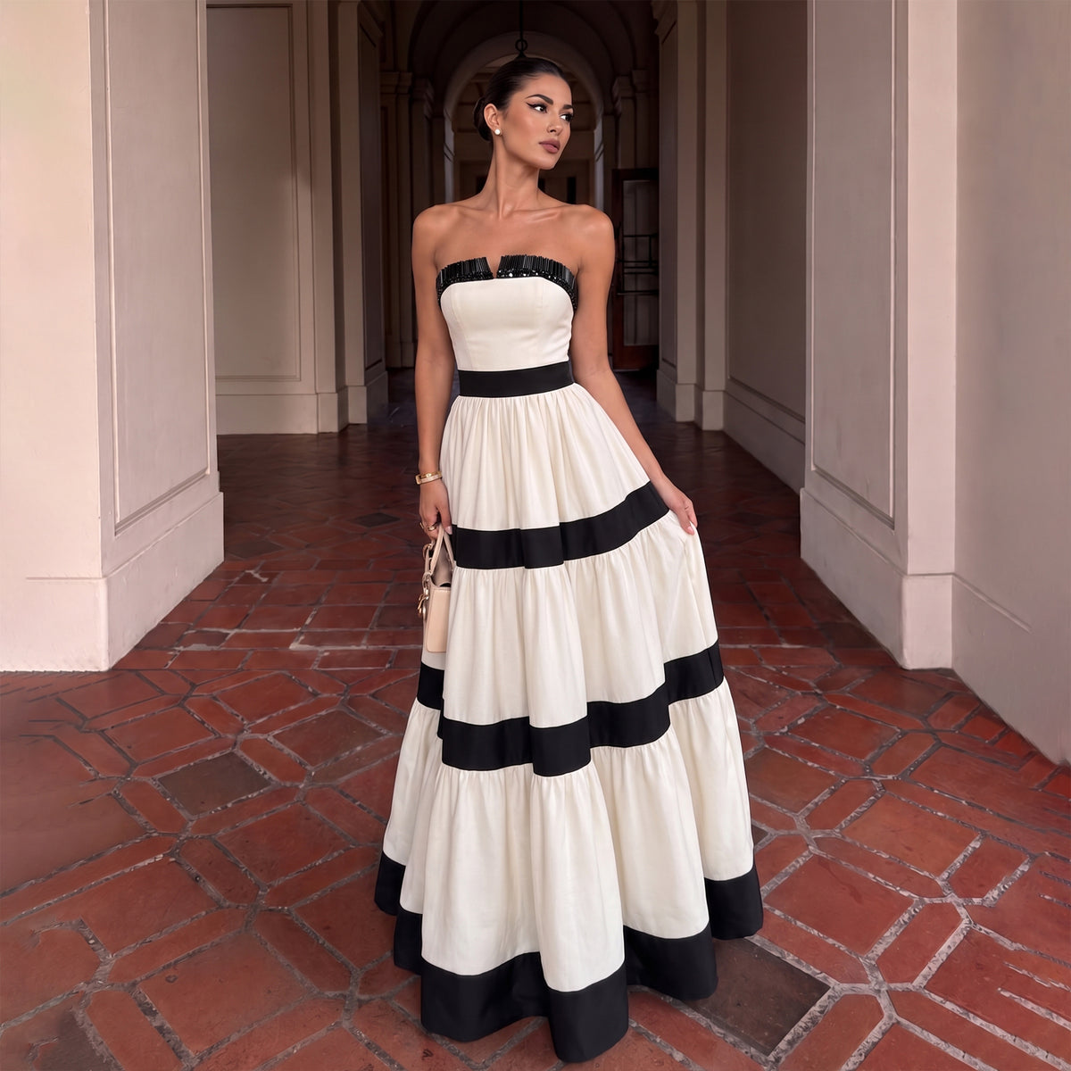 Black and White Strapless A-Line Beaded Evening Dress with Bows SF426
