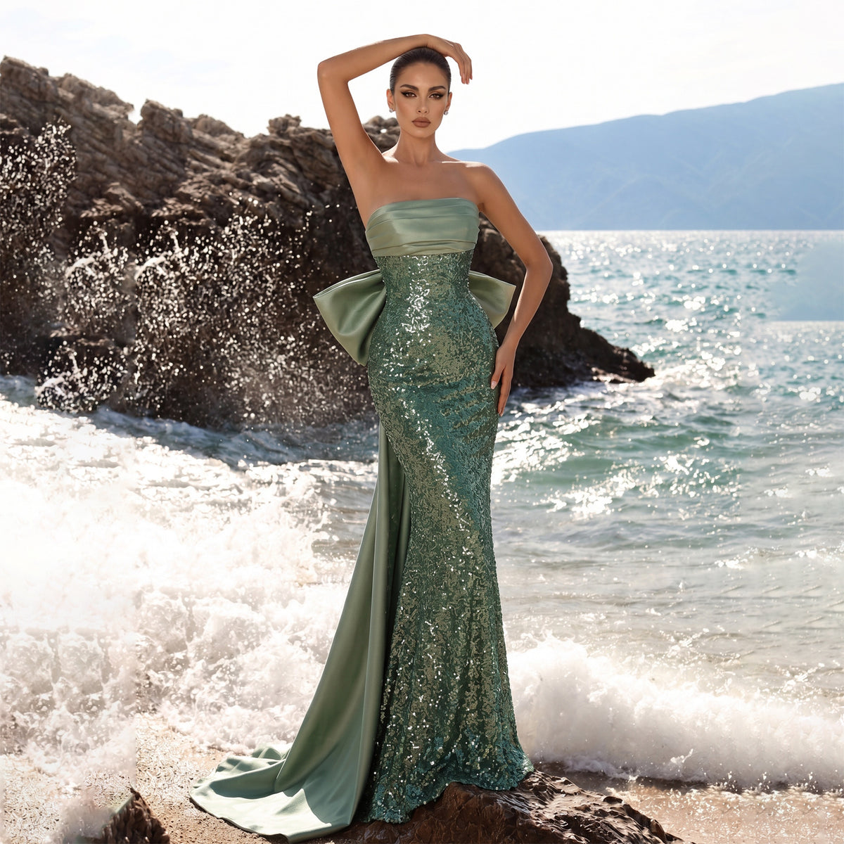 Green Strapless Sequin Mermaid Evening Dress with Bow SF427