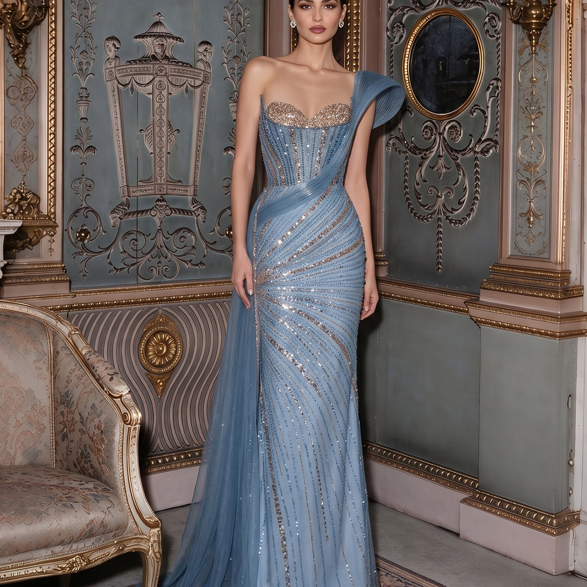 Luxury Blue One Shoulder Beaded Sheath Evening Dress