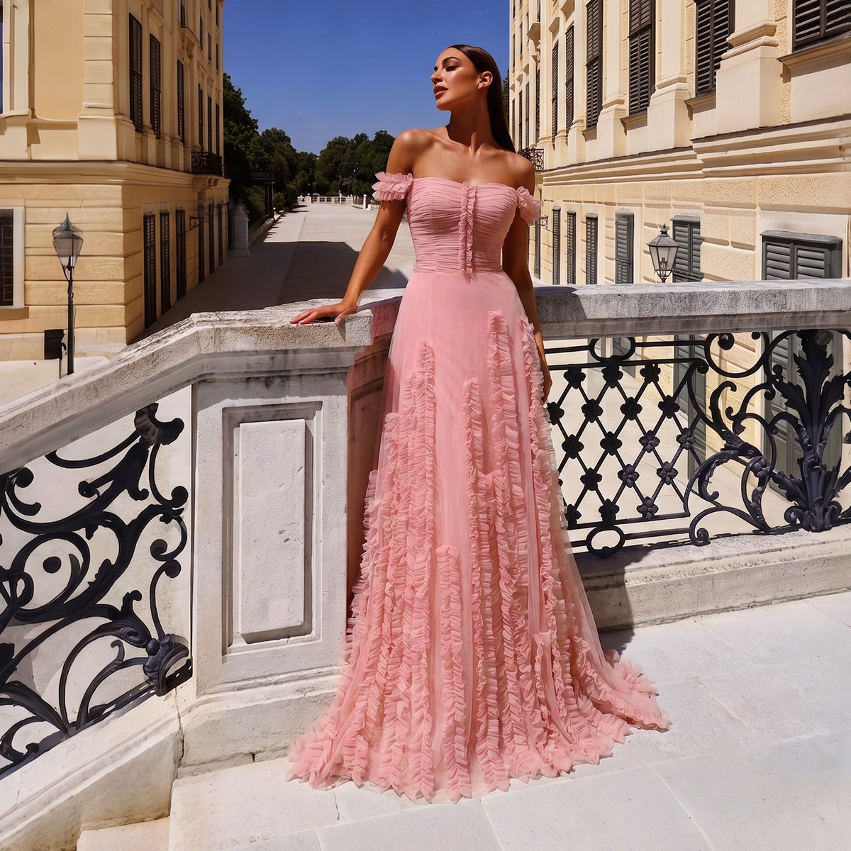 Luxury Pink Allover Frill Mesh Off Shoulder Train Evening Dress SF277