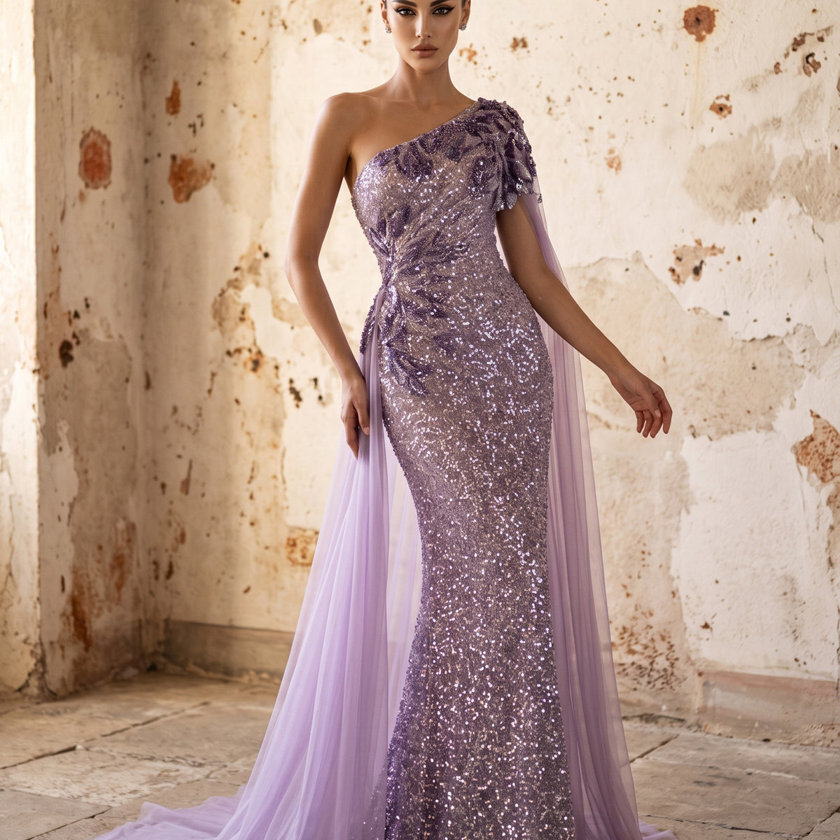 Purple one-shoulder beaded evening dress with cape sleeve and draped side skirt