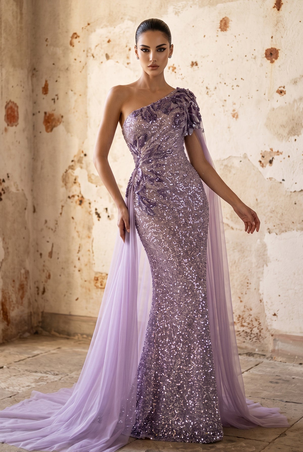 Purple one-shoulder beaded evening dress with cape sleeve and draped side skirt