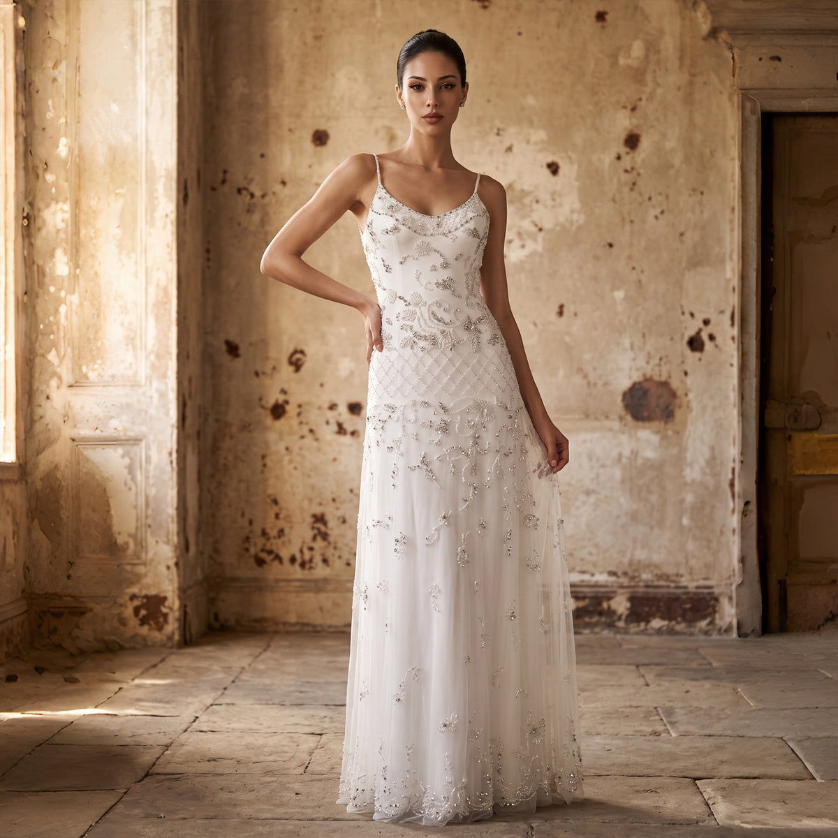 Beaded Sequined Sheath Evening Dress SS576