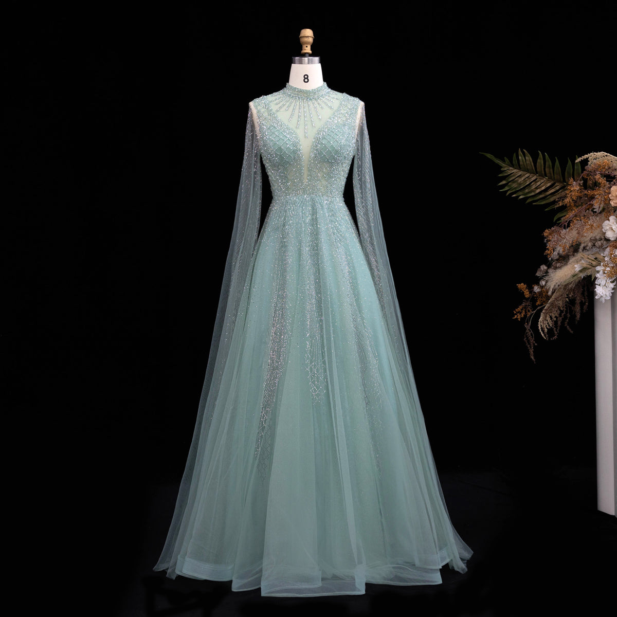 Luxury Pink High Neck Beaded Sequined Tulle Evening Dress with Cape Sleeves SS060
