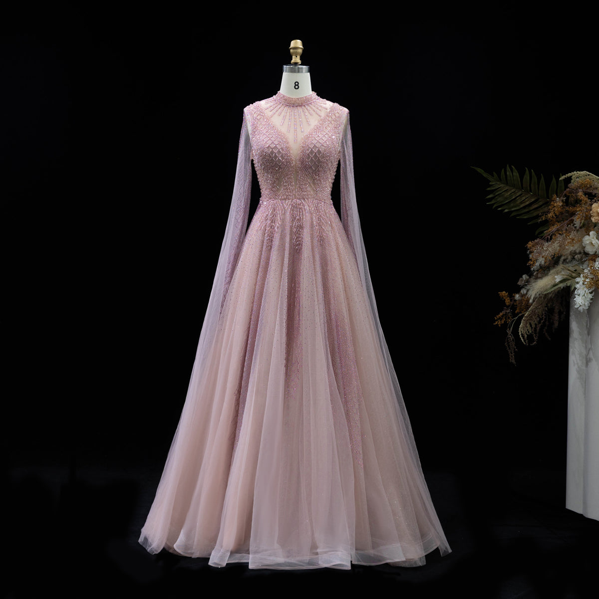 Luxury Pink High Neck Beaded Sequined Tulle Evening Dress with Cape Sleeves SS060