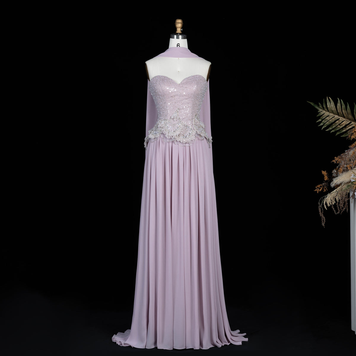 Beaded 3D Flowers Chiffon Evening Dress with Scarf SS274