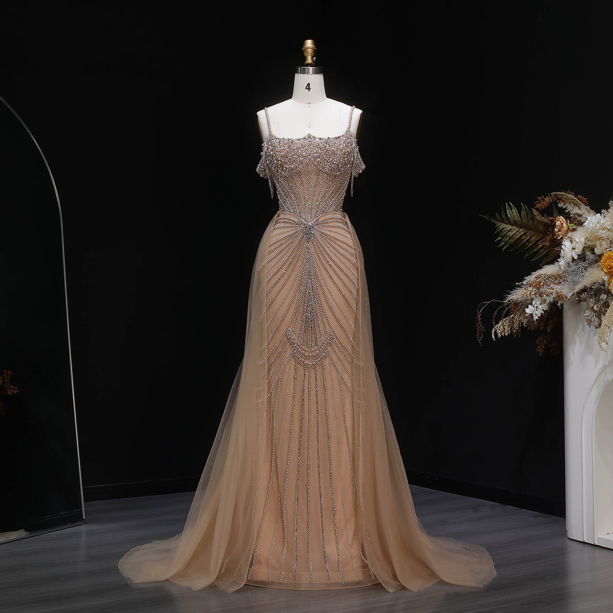 Elegant Green Spaghetti Strap Beaded Evening Dress with Overskirt SS121